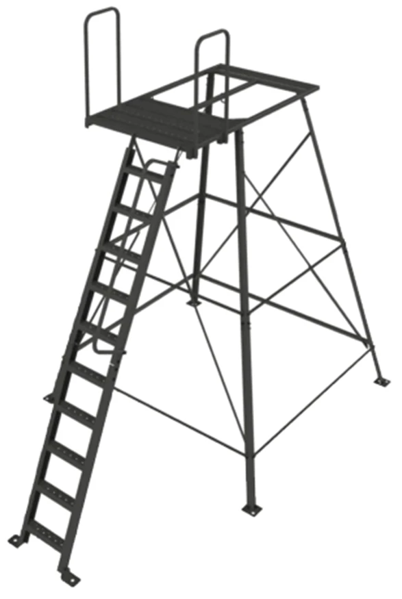 10 foot powder-coated steel tower stand with deluxe stair system and railed platform.