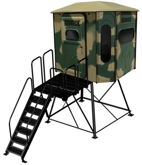 Camo 6'x7' Big Country Platinum 360 on an optional tower stand with deluxe stairs and porch extension.