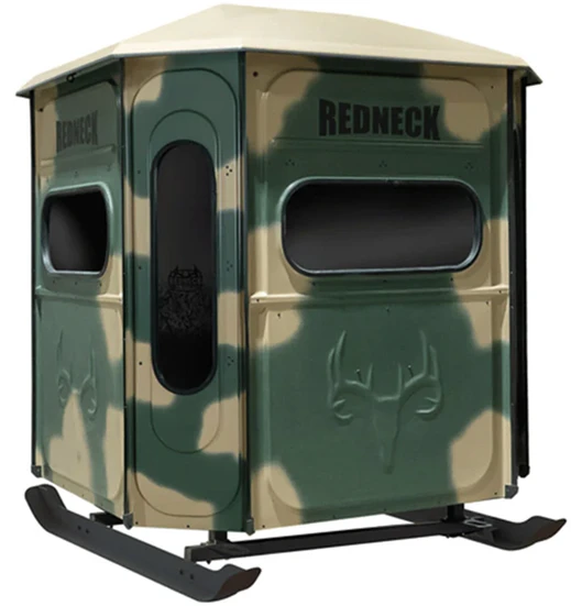 Camo 6'x6' Buck Palace Platinum 360 mounted on an optional blind sled.