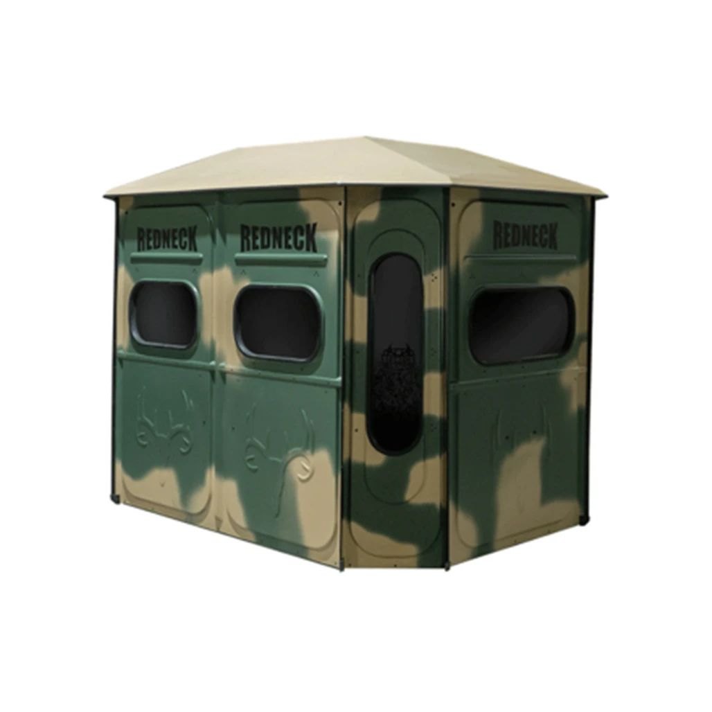 Redneck 6'x8' Game Changer Platinum 360 blind in camo, three-quarter view.