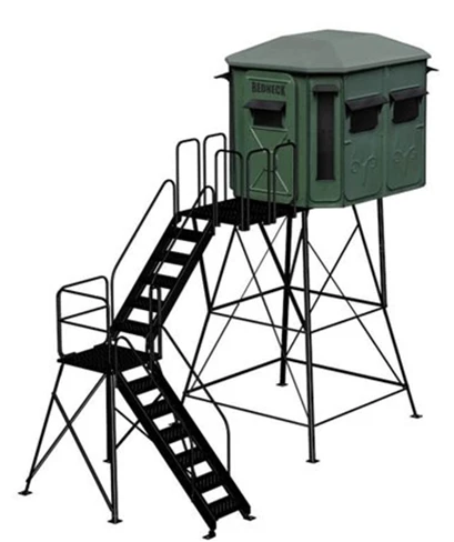 Green 6'x8' Game Changer Platinum 360 on an optional tower stand with deluxe stairs, porch extension and window awnings.