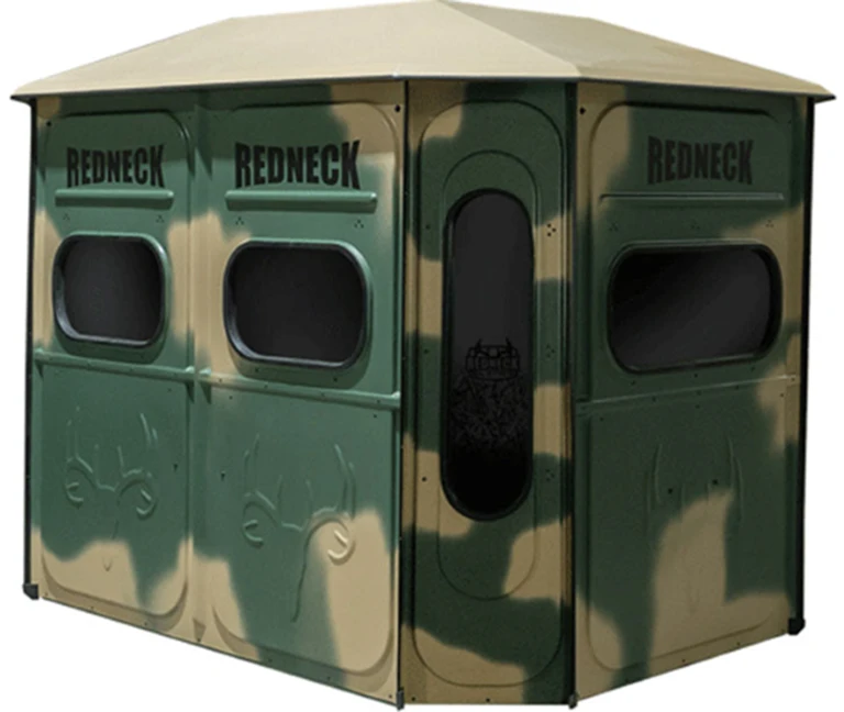 Redneck 6'x8' Game Changer Platinum 360 blind in camo, three-quarter view.