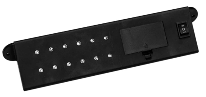 3-way green LED under-shelf light unit with battery compartment and rocker switch.