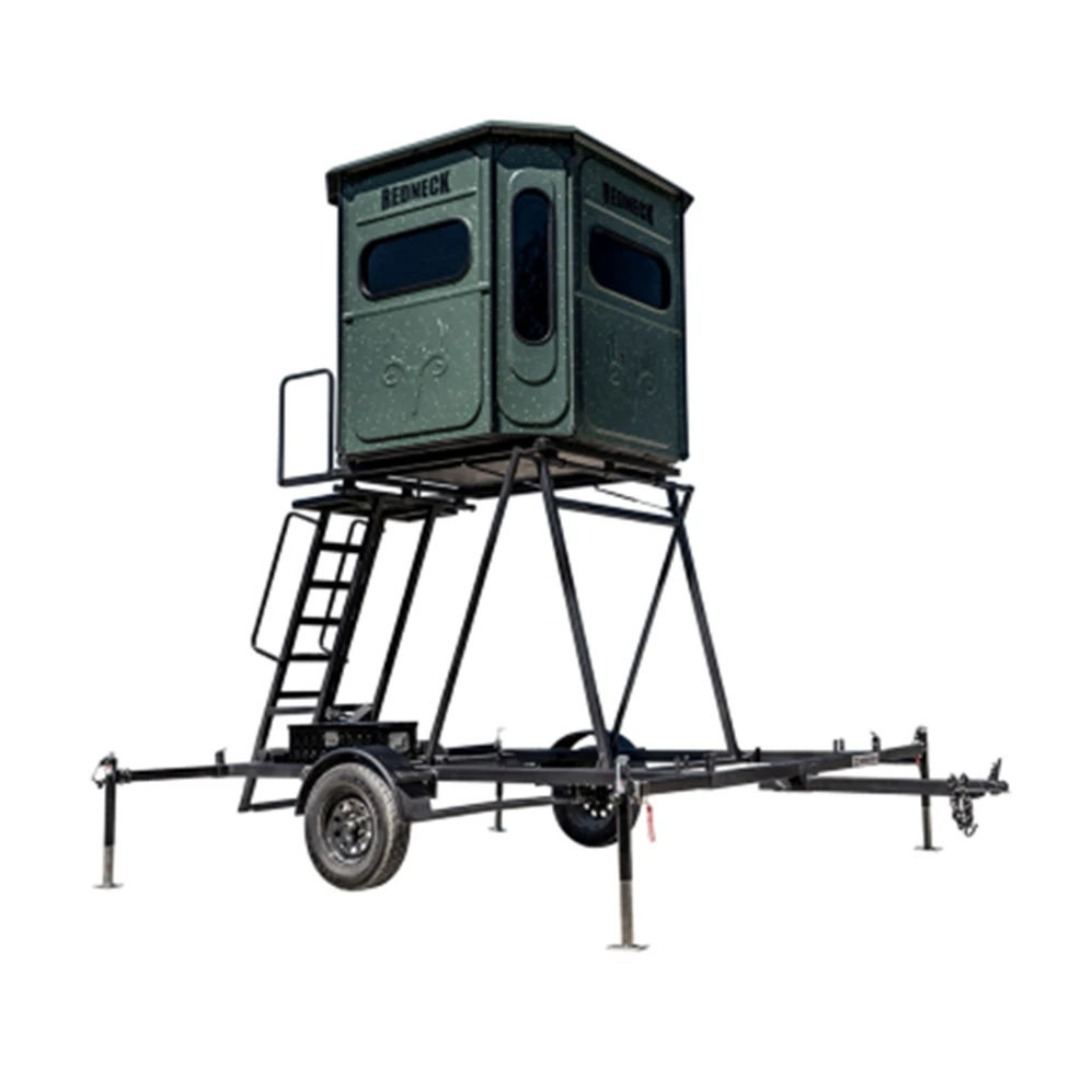 Redneck box blind raised on the 8 foot electric-over-hydraulic blind trailer.