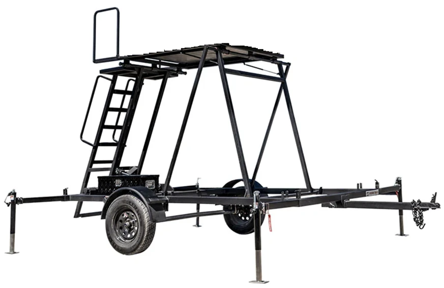 8 foot electric-over-hydraulic deer blind trailer with four outriggers deployed, shown without a blind.