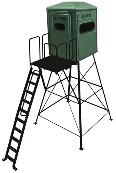 Green 4'x4' Solo Hunter on an optional tower stand with deluxe stairs and porch extension.