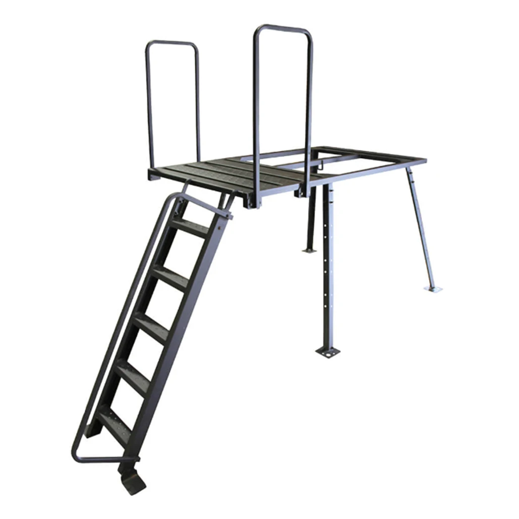 Trailer blind stand kit with railed platform, stair run and adjustable legs.