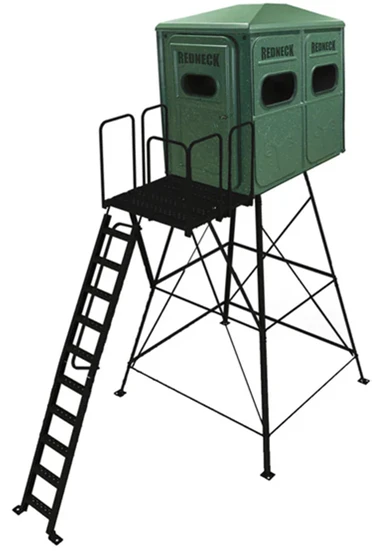 Green 4'x6' Twin Hunter on an optional tower stand with deluxe stairs and porch extension.