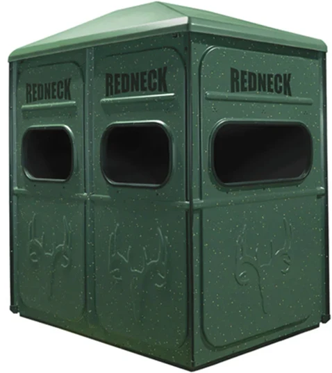 Redneck 4'x6' Twin Hunter blind in green, three-quarter view showing the three-window front.